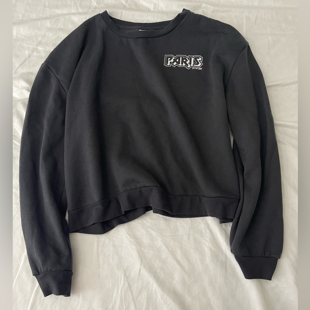 Vintage Mighty Fine Black Paris Graphic Cropped Sweatshirt, Streetwear Crewneck